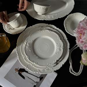 Piring Makan Keramik Motif Tanaman Retro Gaya Prancis, Aman untuk Microwave, Cangkir & Piring Saji Kue Teh Sore Vintage, Putih, untuk Hotel - Product Image 1