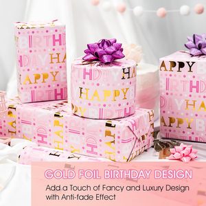 Yarcony Birthday Wrapping Paper Pink Gold Foil 23.4 Sq Ft Roll Gift Craft Use Recyclable - Product Image 2