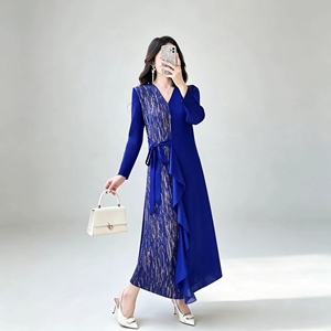 Ropa de Moda para Mujer, <span class=keywords><strong>Vestido</strong></span> Largo Informal con Estampado de Lámina Dorada, Volantes en <span class=keywords><strong>Cascada</strong></span>, <span class=keywords><strong>Vestido</strong></span> Plisado Asimétrico Estilo Miyake - Product Image 3
