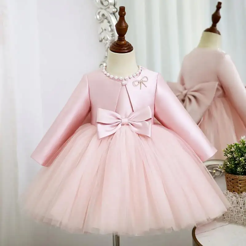 OEM ODM Fall Winter Long Sleeve Pink Bows Flower Girls Bridesmaid Wedding Dresses Toddler Kids Pageant Party Frock Clothes Gown