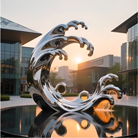 Grande sculpture métallique abstraite en acier inoxydable, motif vague océanique, finition miroir, pour plaza, fabrication sur mesure
