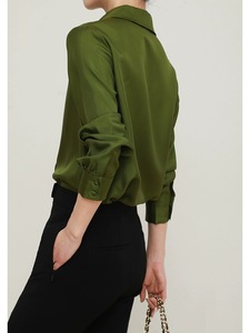 Atasan Satin Wanita Kancing Longgar Kemeja OL Grosir Kerah Vintage Lengan Panjang Musim Gugur Musim Semi Kerah Turun untuk Wanita 7 Warna Kasual - Product Image 6