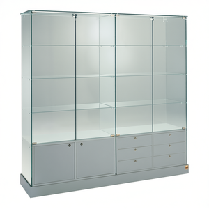 Vitrine de 185 cm de large et 180 cm de haut, gris clair, portes en verre trempé avec étagères et tiroirs - Product Image 2