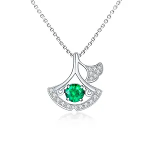 Gioielli di lusso rotondo verde smeraldo argento Sterling 925 Ginkgo Biloba Leaf Lab Grown Emerald collana per le donne