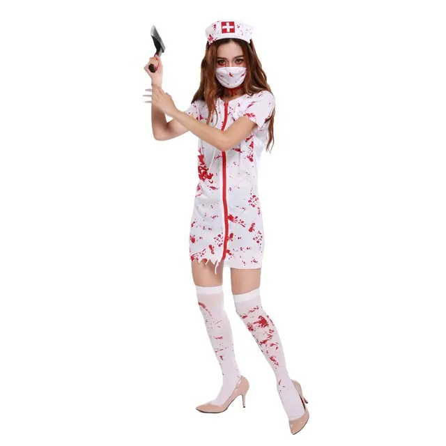 Disfraz de Halloween para mujeres adultas, disfraz de enfermera con sangre, Horror, zombi, Sexy