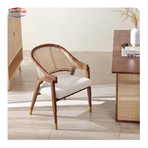 Chaise de salle à manger rembourrée avec cadre en bois et dossier en rotin, siège rembourré bicolore pour salles à manger modernes - Product Image 4