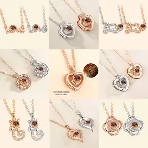 Valentine's Day I Love You In 100 Languages Rose Gold Plated Heart Memory Projection Pendant Necklace For Women