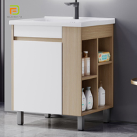 Meuble de salle de bain moderne sur pied en bois massif rectangulaire avec lavabo et miroir