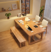 Table à manger en bois massif avec pieds trapézoïdaux, bureau à domicile, table de conférence avec banc, vente en gros pour cuisine et restaurant