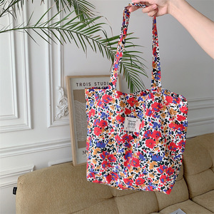 Summer Floral Tote Ba Korean INS Style <b>Large</b> Capacity <b>Canvas</b> Shoulder <b>Bag</b>, Casual Versatile Handbag for Beach Daily Use - Product Image 2