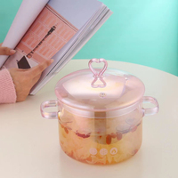 Casserole en verre borosilicate de haute qualité pour la cuisine à domicile, pot en verre rose irisé avec couvercle en forme de cœur, doubles poignées pour une utilisation polyvalente