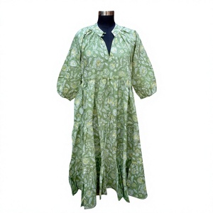 Women's Vintage Knitted Formal Floral Print Midi Cotton Dress Office Lady Beach Daily Use Natural Waist Drawstring <b>Puff</b> Sleeve - Product Image 1