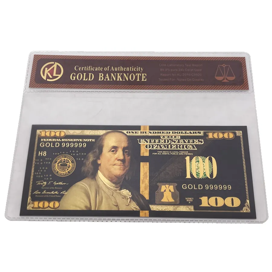 Abd altın siyah folyo COA çanta ile 100 dolar fatura dedor için USD plastik banknot toplama kartları