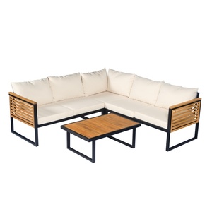 Canapé d'angle <span class=keywords><strong>de</strong></span> patio 4 pièces <span class=keywords><strong>en</strong></span> bois d'acacia avec structure métallique, coussins imperméables <span class=keywords><strong>en</strong></span> peluche, style industriel, convertible <span class=keywords><strong>en</strong></span> lit - Product Image 3