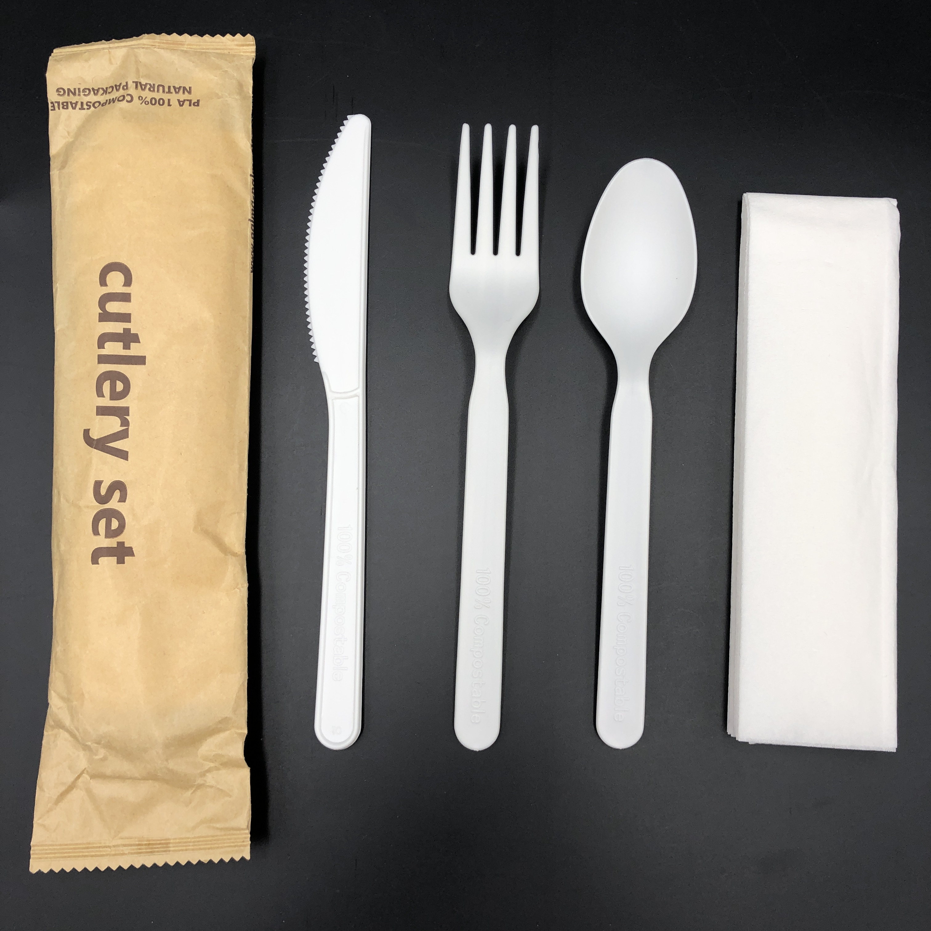 Food Safety Biodegradable Flatware Knife Fork Spoon PLA Cutlery Individual Wrapped Disposable Cutler