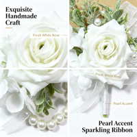 Boutonniere Bunga Mawar Putih Real Touch Berhias Mutiara dan Daun Hijau, Pita Satin, Ikat Tangan, untuk Pengiring Pria (Groomsmen) di Pesta Pernikahan