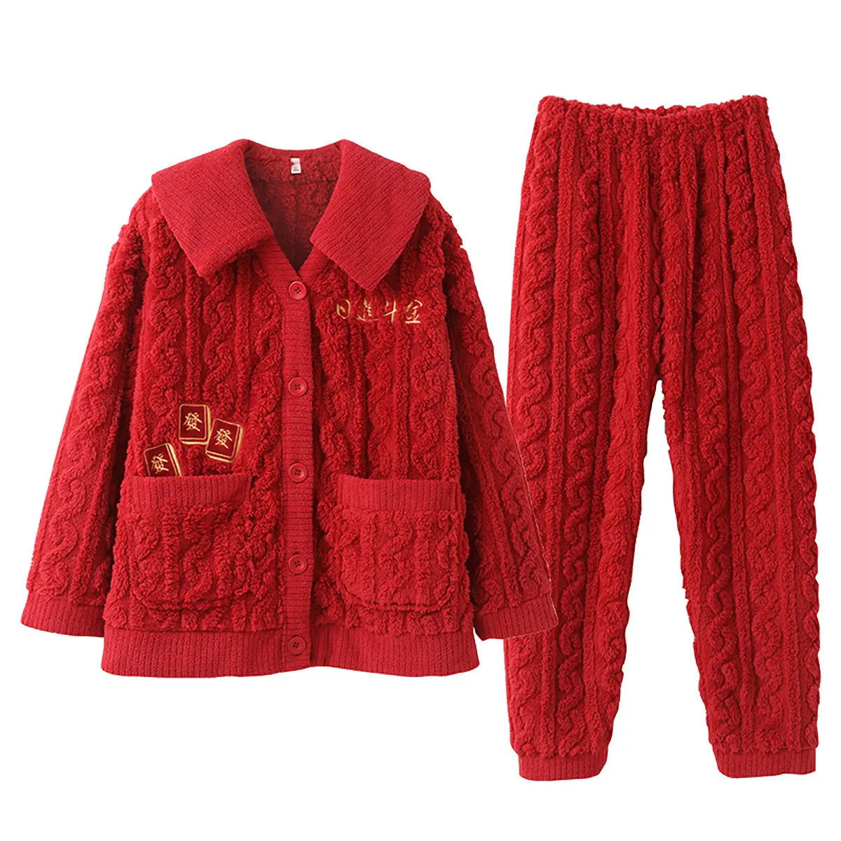 [Rijin Doujin] piyama gaya nasional merah meriah lengan panjang hangat lembut nyaman beludru Jacquard baru musim dingin untuk wanita