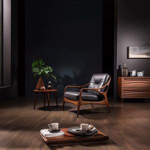 Sillón Moderno de Cuero Negro con Estructura de Madera Distintiva, Asiento Elegante y Estilizado para el Hogar, Oficina, Hotel, Sala de Estar - Product Image 4