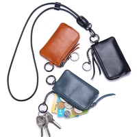 Dompet Kunci Kulit Asli Mini, Kantong Leher, Dompet Koin, Tempat Kartu, Resleting, dengan Tali Pengikat yang Dapat Disesuaikan, untuk Perjalanan