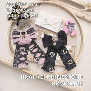 Barrettes à cheveux décoratives pour femmes Jirai Kei, avec nœud en satin double couche orné de strass, ruban en dentelle noire délicat en forme de cœur - Product Image 2
