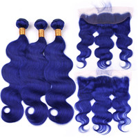Bundel Biru Pra Warna dengan Bundel Rambut Manusia Gelombang Tubuh Depan dengan Penutup 13X4 Rambut Brasil Remy Renda Tanam