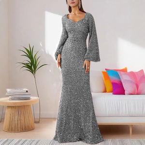 V-Neck <b>Sequined</b> Bodycon Long Evening Gown <b>Flared</b> Sleeve Mermaid Fit Formal Dress Women's Party Wear - Product Image 4