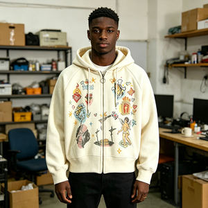 Sudadera con capucha y cremallera de punto gofrado personalizada para hombre |   Chaqueta con Capucha y Cierre Completo, Estilo Vintage, Corte Cuadrado, con Estampado Gráfico |   Ropa Urbana de Marca Privada con Bordado - Product Image 3