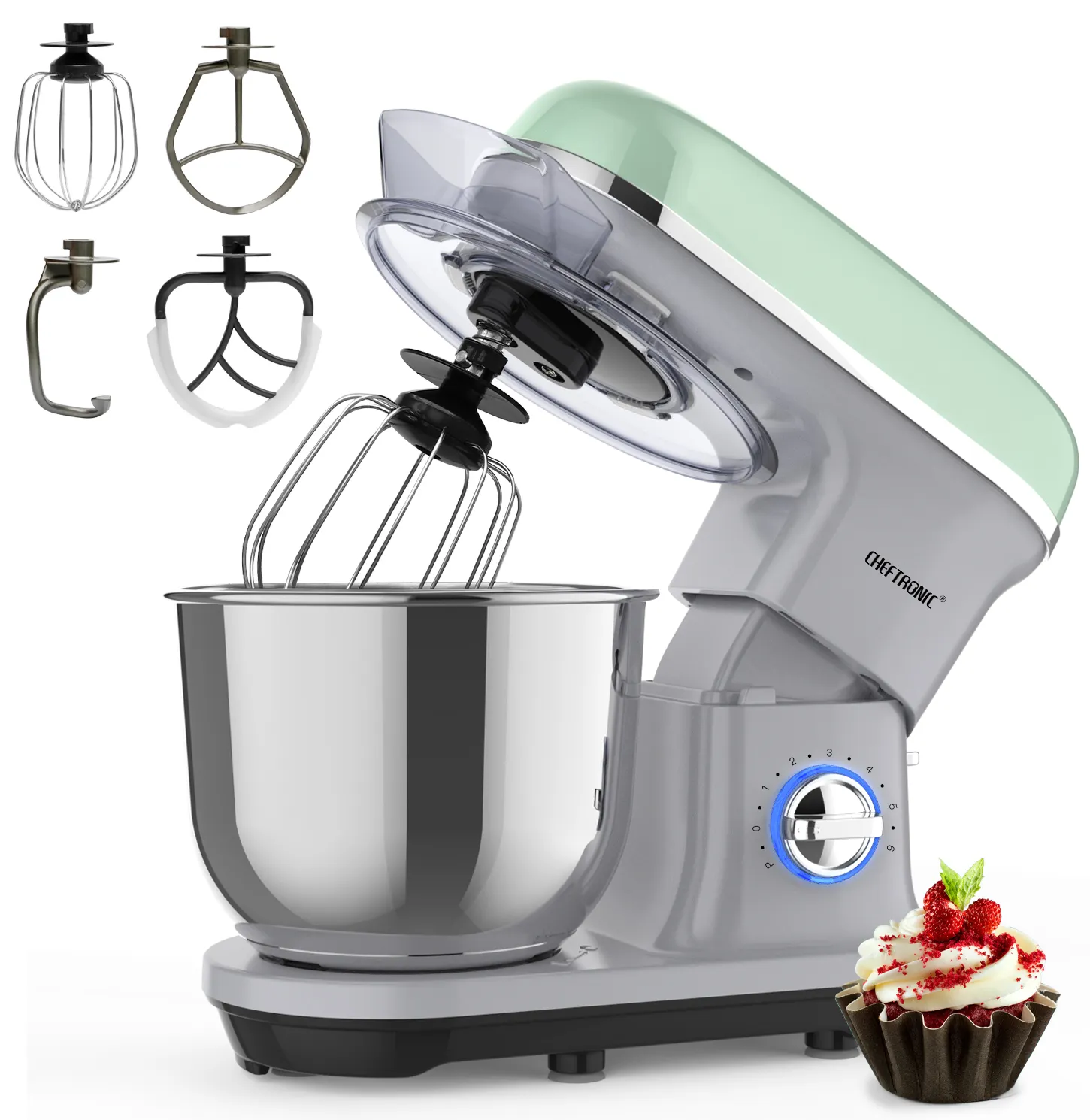 5L 1500W Mélangeur sur socle électrique Mélangeur de cuisine à gâteau à tête inclinable avec boîtier en plastique Durable à 6 vitesses et bouton d'éjection du batteur