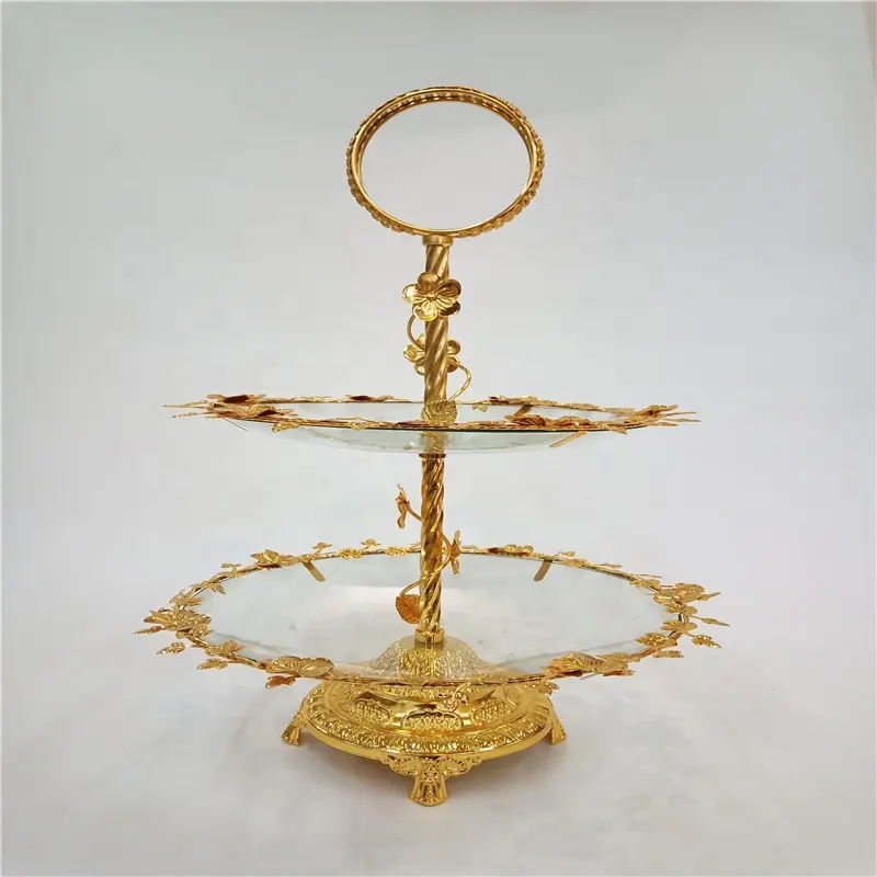 Wedding Muslim Decoration Ramadan Religious Supply 2 Tier Golden Candy Glass Dish Tray