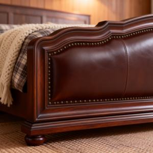 מיטת קינג סייז מרופדת עור ידידותית לסביבה בצבע חום כהה מעץ מלא מגולף בסגנון אמריקאי קלאסי מסורתי יוקרתי, דגם קוואנג'ינג M918 - Product Image 5