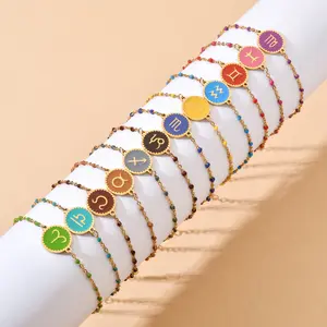 Colorido Astrología Encanto Signo Zodiaco Pulsera Chapado en oro Cadena de acero inoxidable Forma redonda Horóscopo Pulsera Brazalete