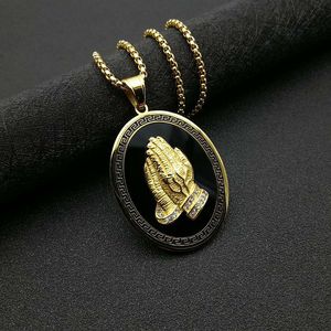 Collier pendentif mains en prière Hip Hop en acier inoxydable plaqué or et argent, serti pavé, bijou unisexe, cadeau - Product Image 2