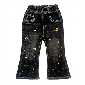 Girls Floral Embroidered Denim Flare Pants Mid <b>Waist</b> Casual Spring Cotton <b>Jeans</b> Full Length Regular Fit - Product Image 1