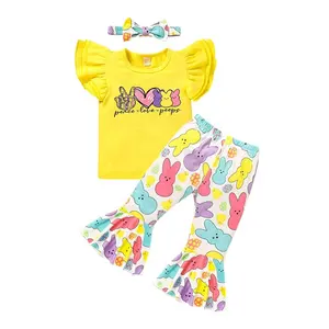 Hot Sale Lente Kinderkleding Babykleertjes Paaskonijn Bedrukt Kinderkleding Strikjes Baby Meisjes Sets