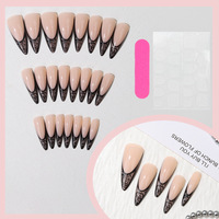 24 faux ongles à presser, forme stiletto, dentelle noire, French manucure, motif en V, avec lime à ongles et adhésifs, vente en gros, dropshipping