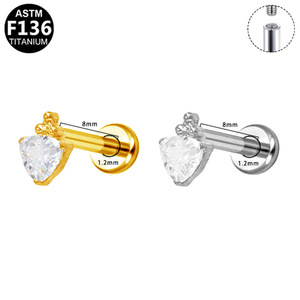 Heart-Shaped <b>Titanium</b> <b>Stud</b> Earrings With Diamond Inlay For Women Everyday Wear 1.2*83mm ASTM F136 - Product Image 4