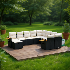 Conjunto de Sofás de Jardín en Negro y Crema, Muebles de Ratán para Exteriores con Cojines de Espuma de Alta Densidad, Diseño Contemporáneo, Impermeable - Product Image 2