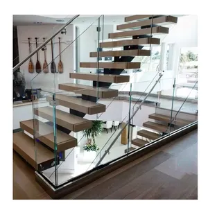 Escada de aço moderna com vigas, corrimão de madeira, trilhos em aço inoxidável, escadas retas mono longarina, com desenho de escada aberta