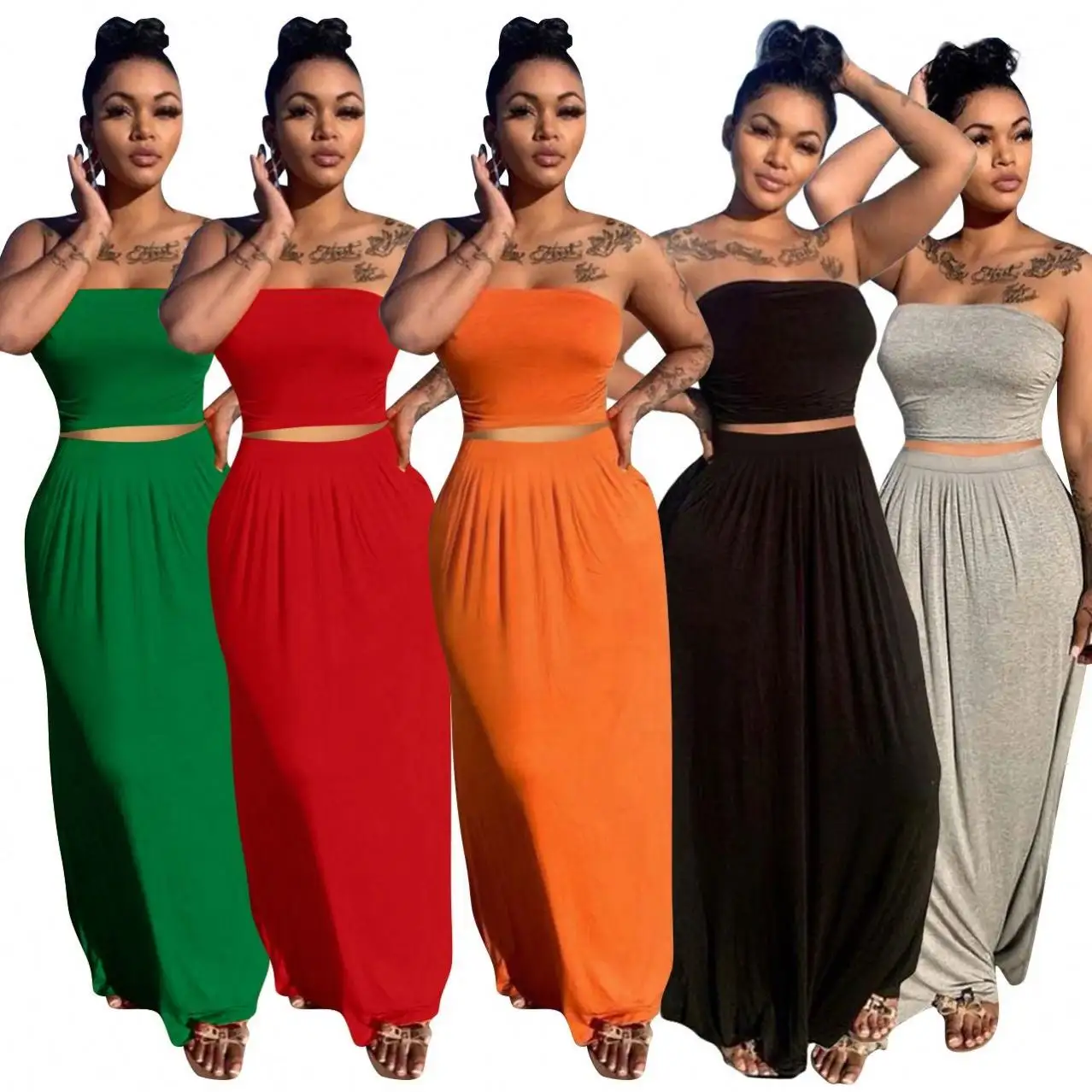 sexy solid color tube backless comfortable long 2 piece set women maxi skirt