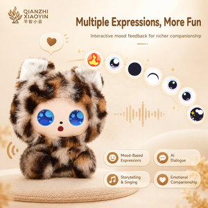 AI Kawaii - Mini Peluche de Gatito con Puntos, Estampado de Leopardo Negro, Orejas de Gato, Ojos LED con Expresiones, ChatGPT, Clonación de Voz en Más de 50 Idiomas, Memoria, 2.4G - Product Image 3