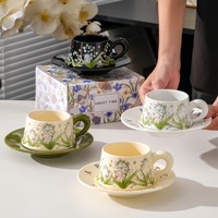 Tasse et soucoupe en céramique rétro américaines, motif orchidée verte peinte à l'huile, style Hepburn, pour café ou thé de l'après-midi