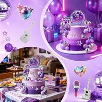 Set de 38 Adornos para Pastel de Fiesta, Bola de Discoteca, Estrella, Guitarra, Micrófono, Corazón, Feliz Cumpleaños, Decoración de Pastel con Temática Musical Morada