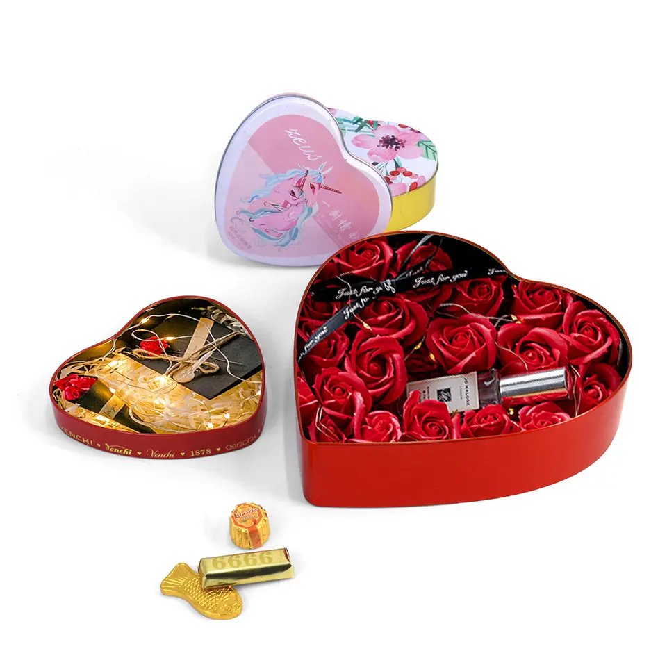 JYB campione gratuito scatola di latta di cioccolato a forma di cuore d'amore in metallo confezione regalo a forma di cuore per feste di san valentino