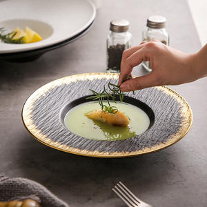 Platos de cena de lujo con luz nórdica, <span class=keywords><strong>vajilla</strong></span> de cerámica con textura de roca con borde dorado, juego de platos de sopa profunda para uso en restaurante doméstico - Product Image 4