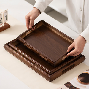 Bandeja de té rectangular de madera maciza color nogal con asa para almacenamiento de pan y repostería en el hogar. - Product Image 1