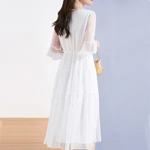Vestido branco elegante 2024 verão 100% bordado de seda vestido longo feminino