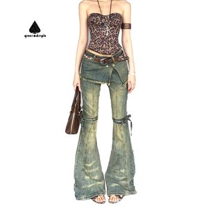 Maßgeschneiderte Hot-Retro-Jeans mit hoher Elastizität und niedriger Taille, gewaschen, Distressed-Look, ausgestellte Slim-Fit-Denim-Hose im Fake-Two-Piece-Stil - Product Image 1