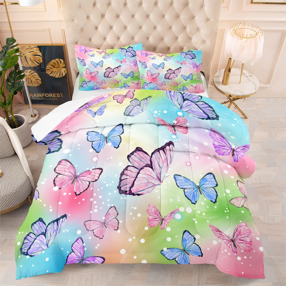 Ready to Ship Comfortable Filling Plant Floral Butterfly Pattern Microfiber Polyester Bed Sheet 3pcs Bedding Set
