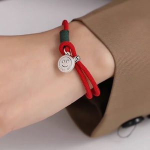 Red <b>Rope</b> Smiley Face <b>Bracelet</b> 999 Pure Silver Handmade Braided Unisex Gift Jewelry - Product Image 1