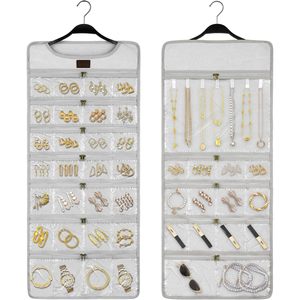 Hanging Jewelry <b>Organizer</b> Canvas Double Sided Rotating <b>Hanger</b> With Zippered Pockets For Earring Necklace <b>Storage</b> - Product Image 1